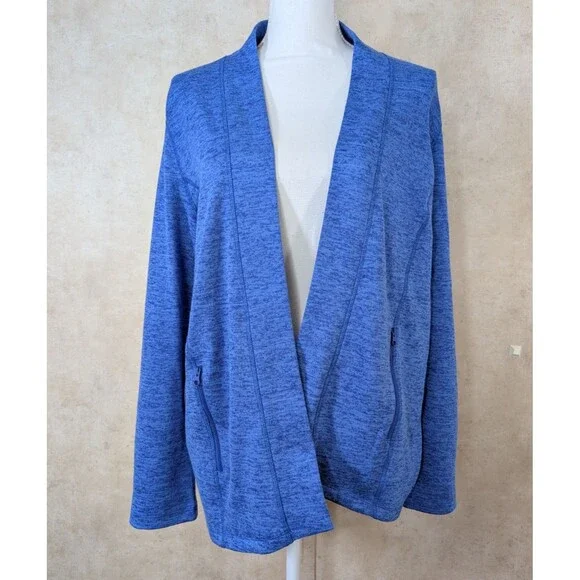 T by Talbots Open Front Cardigan Sweater Medium Blue Pockets Roll Tab Sleeves - Picture 2 of 9